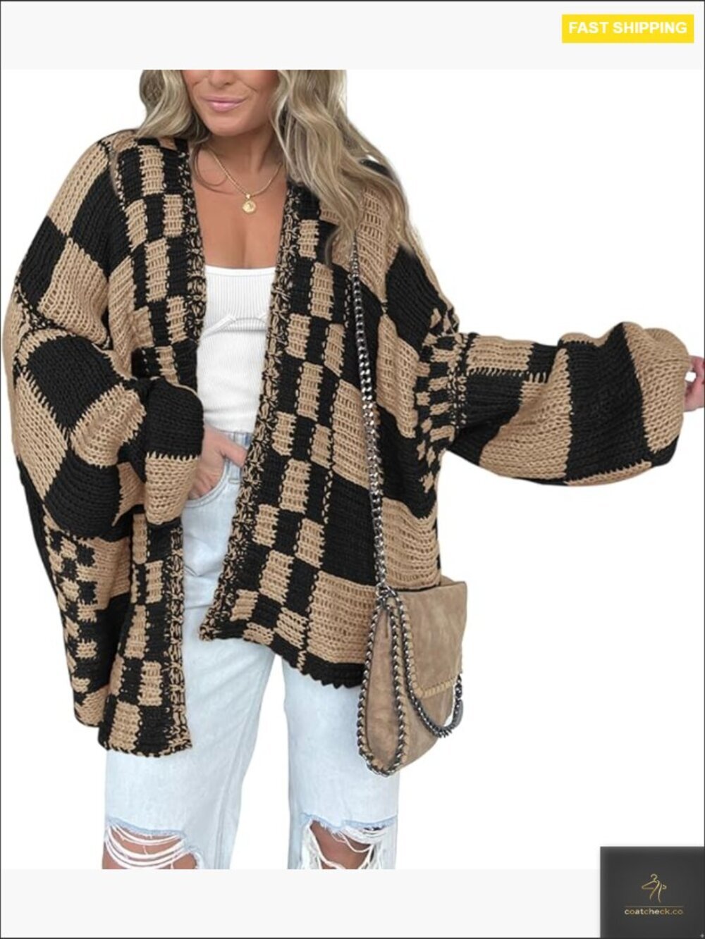 Checkered Open Front Chunky Knit Cardigan V-Neck Lantern Sleeve Oversized Fall
